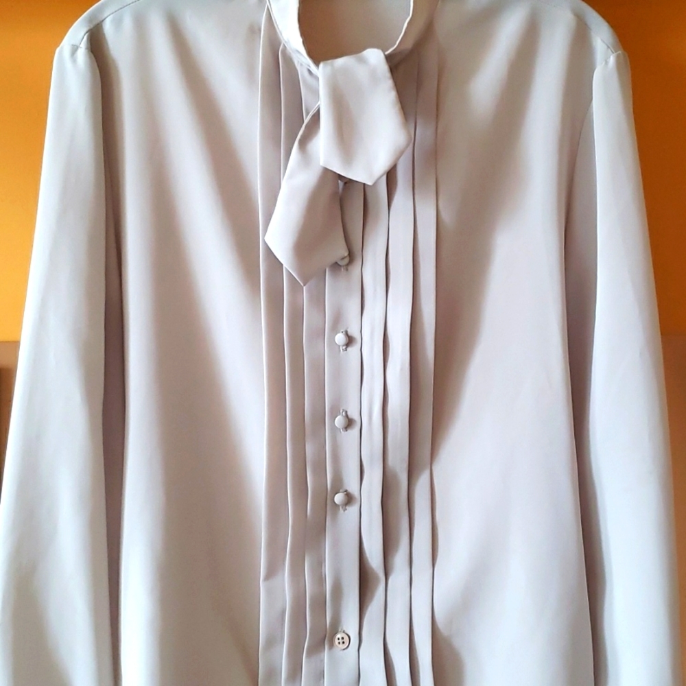 Vintage Tie-Neck Long-Sleeve Pleated-Bib Blouse Size L
